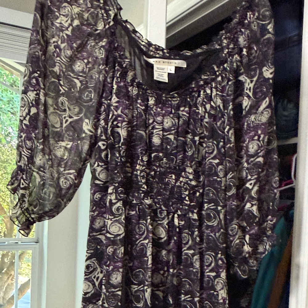 Pleione Purple and Cream Patterned Long Sleeve Smocked Dress